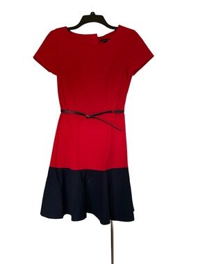 Tommy Hilfiger Red and Navy Fit-and-Flare Belted Mini Dress